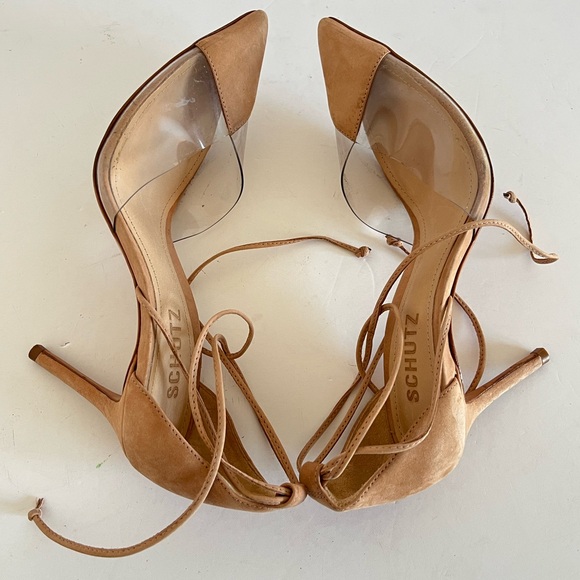 Schutz Tan Suede Strappy Ankle Tie Heels Size 7.5B